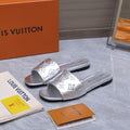 LV 26S FLAT SLIDE SANDALS IN SILVER CALFSKIN EMBOSSED MONOGRAM LOGO
