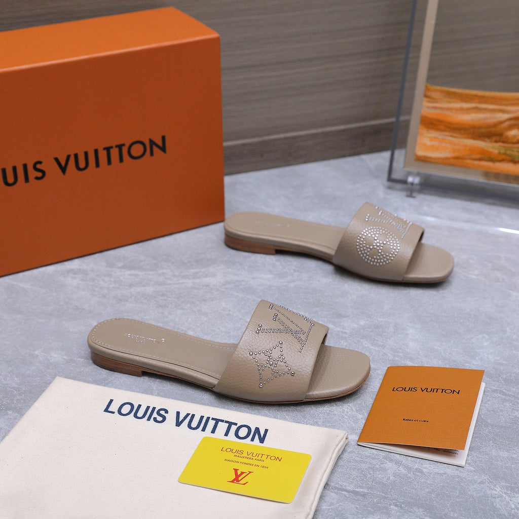 LV 26S FLAT SLIDE SANDALS IN NUDE BROWN CALFSKIN