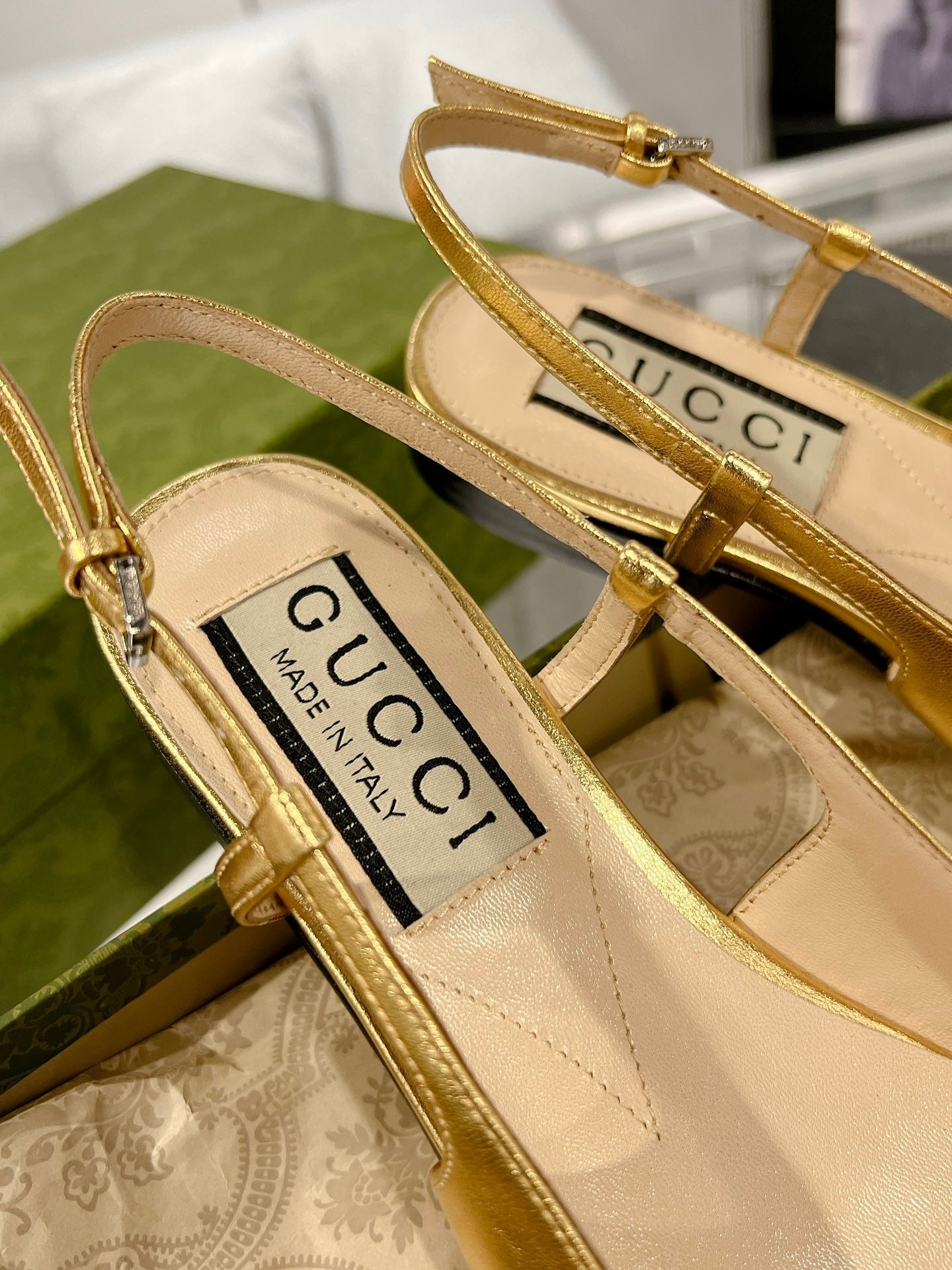 GG CRYSTALS SLINGBACK BALLET METALLIC GOLD CALFSKIN