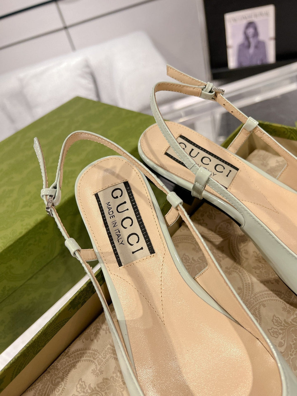 GG CRYSTALS SLINGBACK BALLET SAGE CALFSKIN