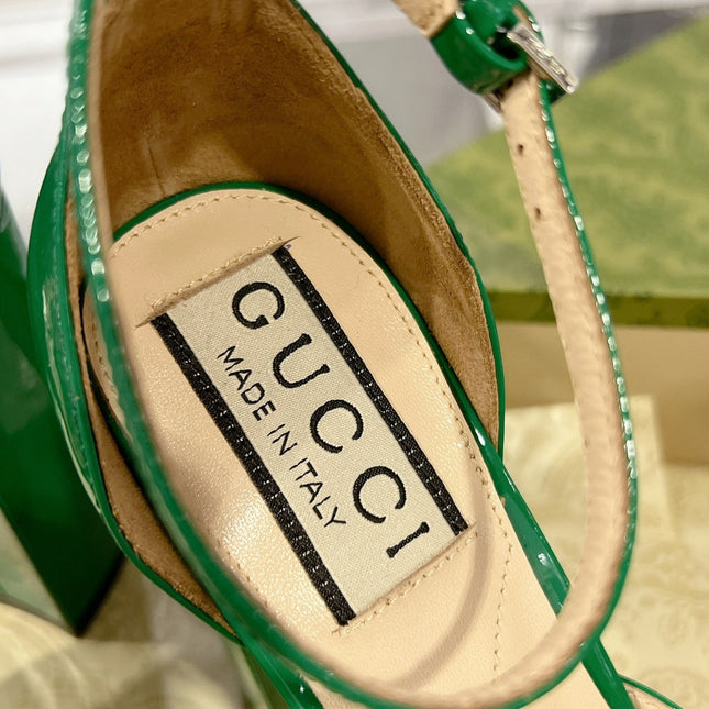 GG CRYSTALS PLATFORM PUMPS JADE GREEN CALFSKIN
