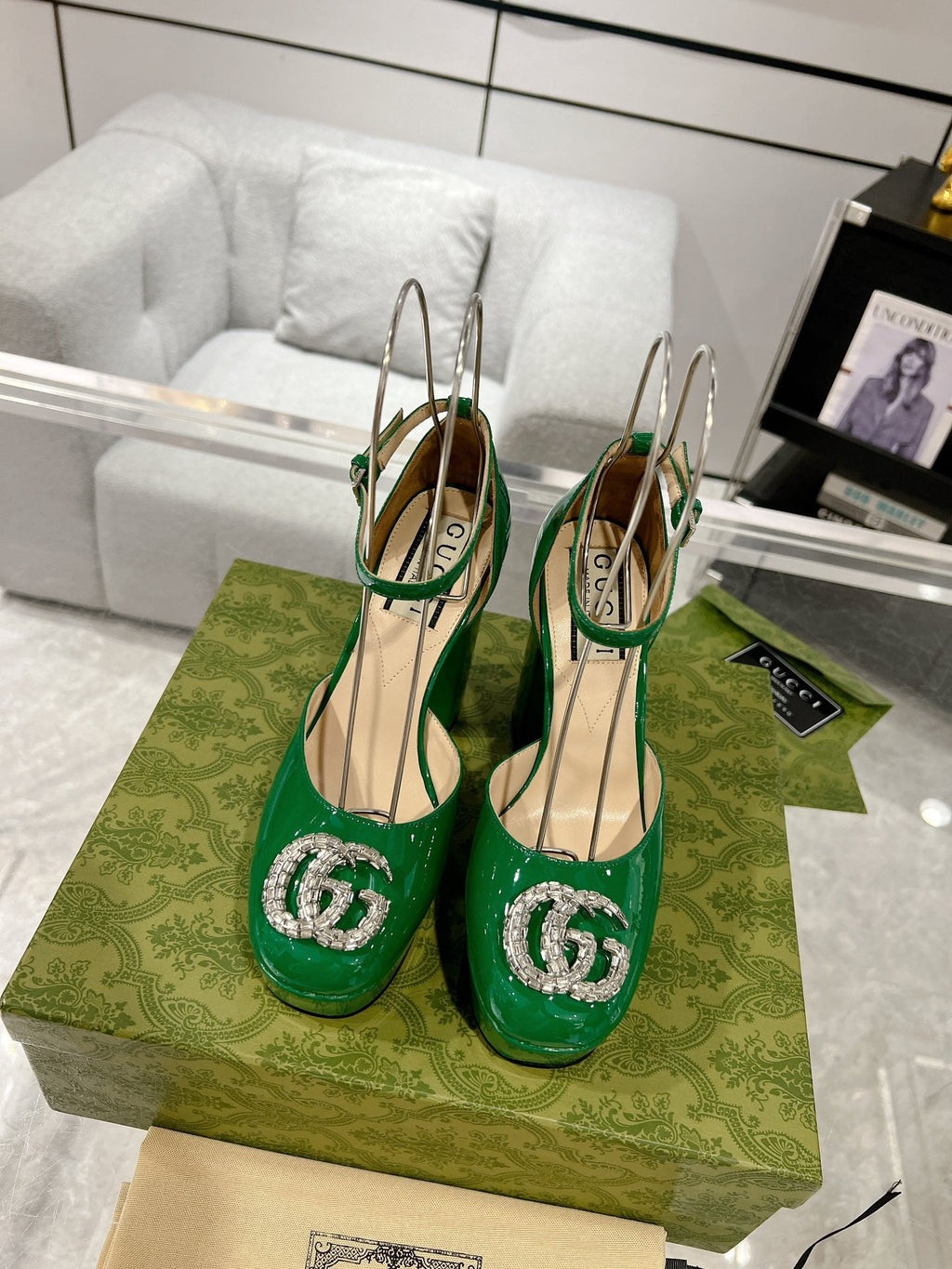 HIGH SANDAL SQUARE HEEL 12 CM IN DARK GREEN CALFSKIN