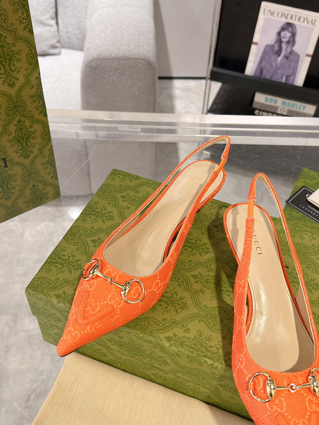 GG MID-HEELED SLINGBACK 4.5 CM IN ORANGE CANVAS