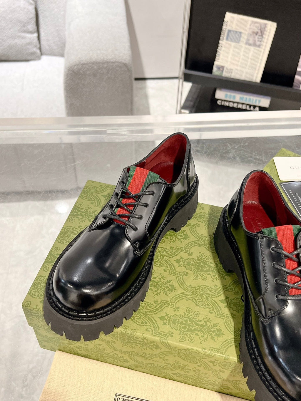GG LACE-UP LOAFER WITH WEB IN BLACK SHINY LEATHER