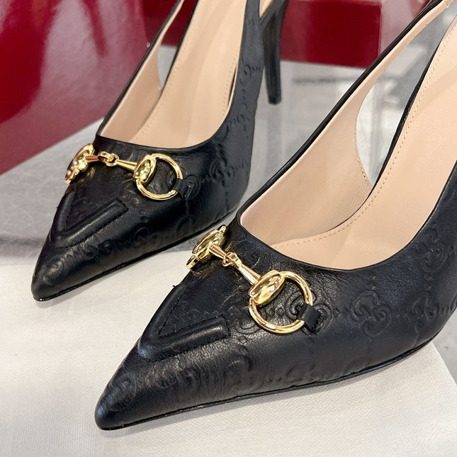GG HIGH SLINGBACK 10.5 CM IN BLACK GLOSSY EMBOSSED SUEDE AND SHEEPSKIN LINING