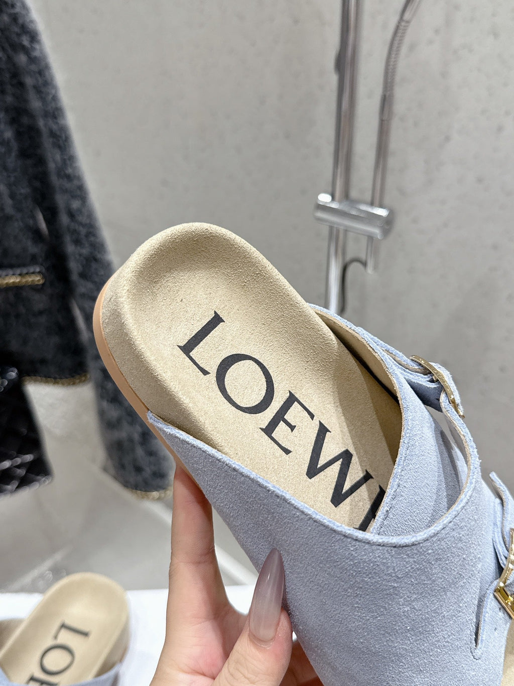 LOEWE 26S EASE SLIDE IN PASTEL BLUE SUEDE