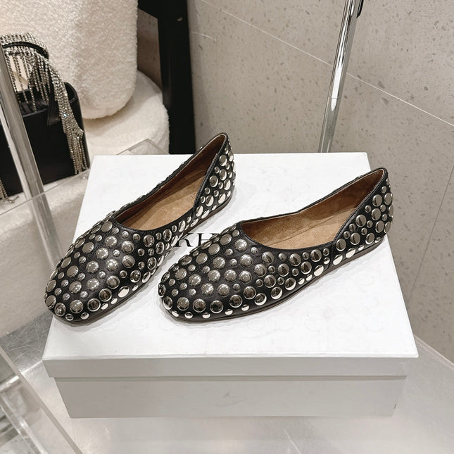 CELINE 26S FLAT SHOES IN BLACK CALFSKIN WITH METAL STUDS