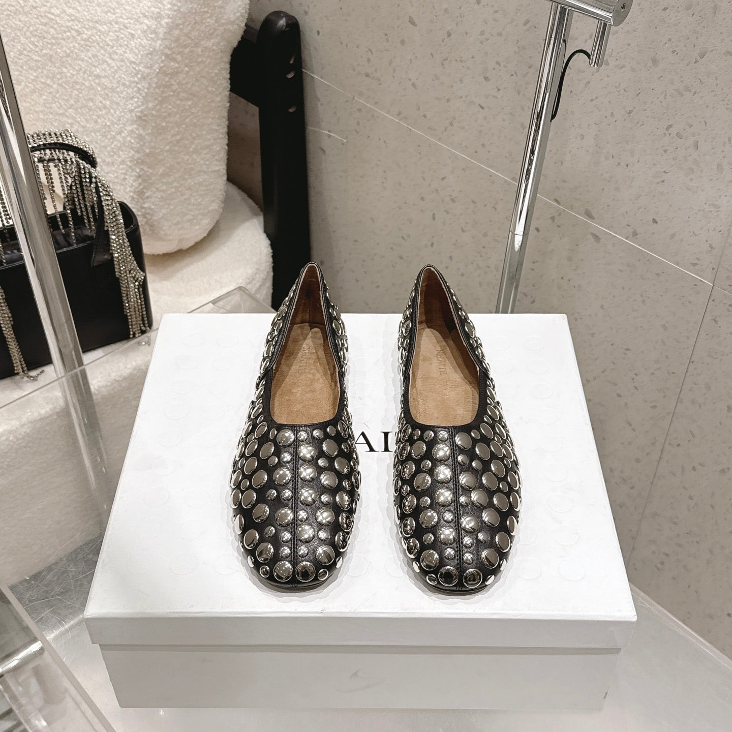 CELINE 26S FLAT SHOES IN BLACK CALFSKIN WITH METAL STUDS