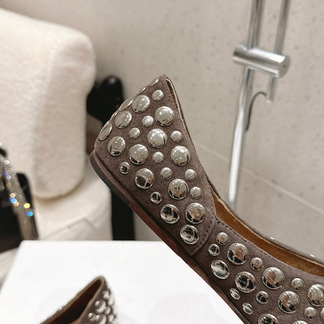 CELINE 26S FLAT SHOES IN TOFFEE BROWN SUEDE WITH METAL STUDS