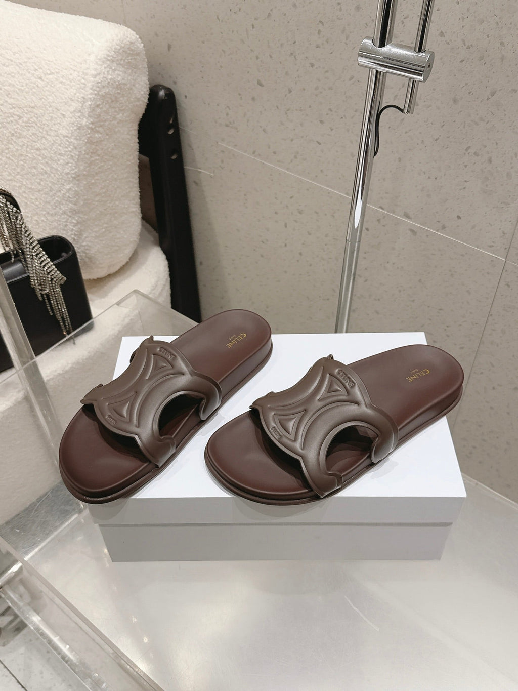 CELINE 26S TRIOMPHE SLIDES IN DARK BROWN CALFSKIN