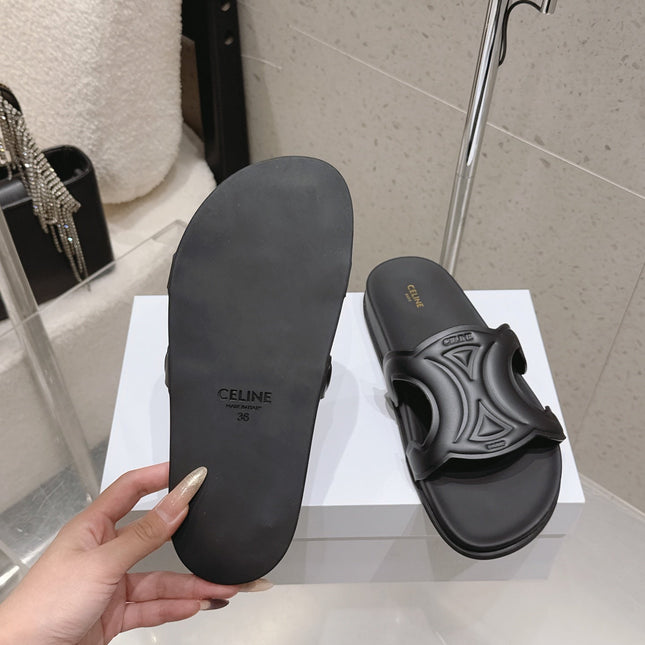 CELINE 26S TRIOMPHE SLIDES IN BLACK CALFSKIN