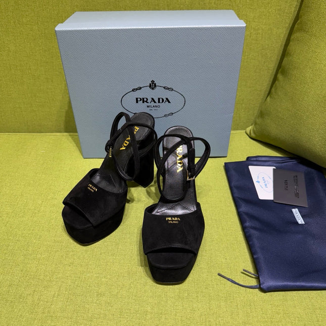 PRADA 25S HIGH-HEEL SANDALS 140 MM IN BLACK SUEDE STYLE 4