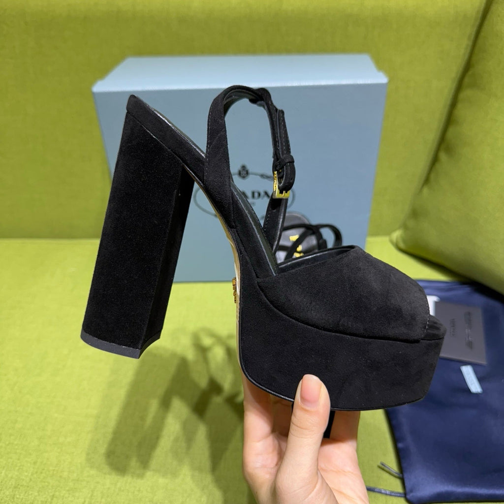 PRADA 25S HIGH-HEEL SANDALS 140 MM IN BLACK SUEDE STYLE 4