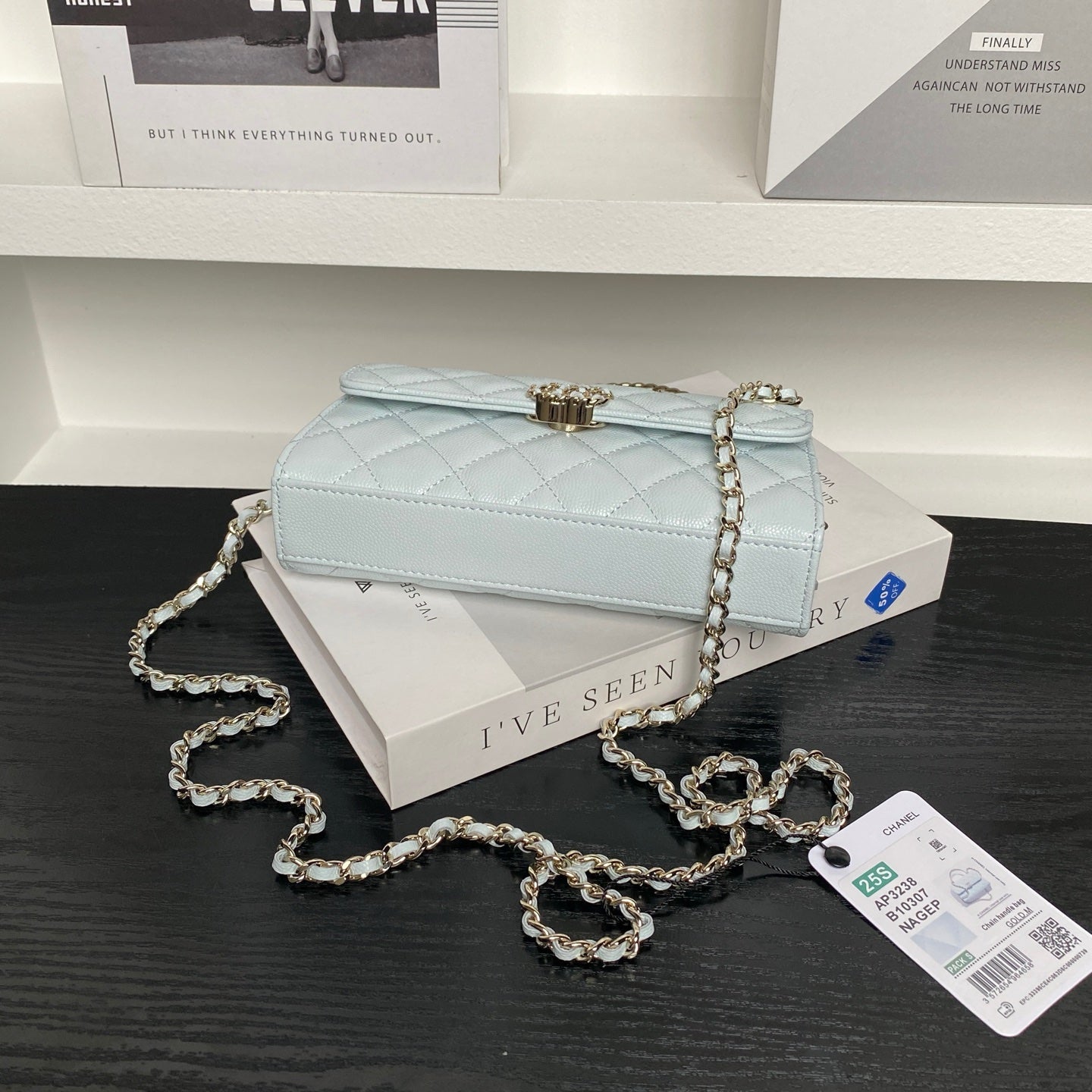 CHANEL 25S KELLY BAG 19 IN POWDER BLUE CALFSKIN GOLD HARDWARE