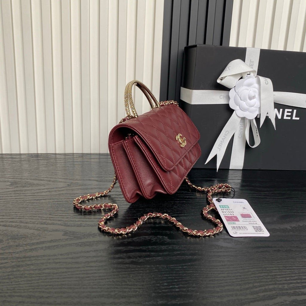 CHANEL 25S MINI FLAP BAG WITH TOP HANDLE 18 IN BURGUNDY LAMBSKIN GOLD HARDWARE