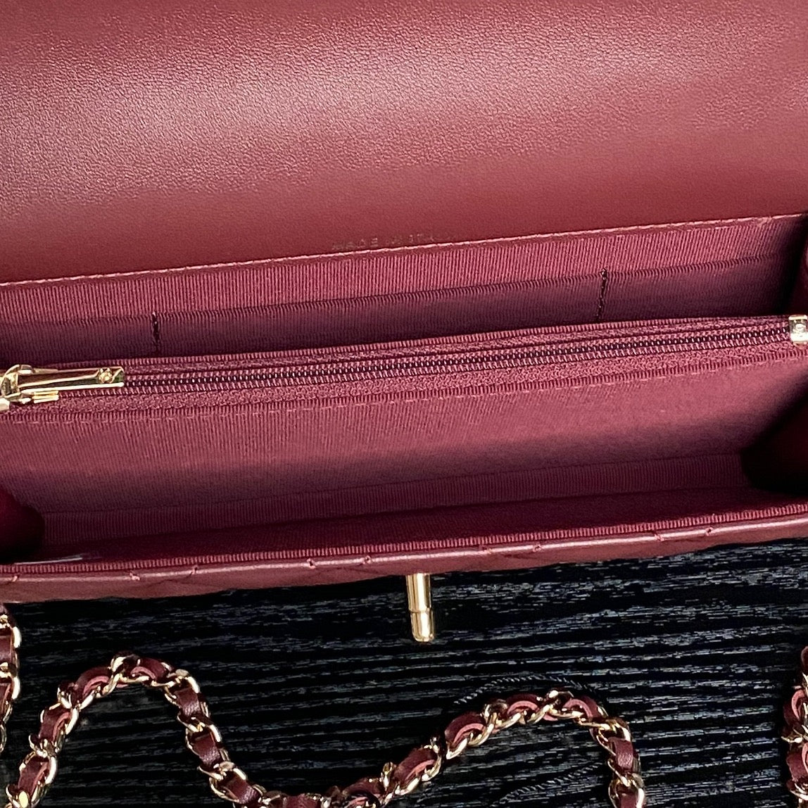 CHANEL 25S MINI FLAP BAG WITH TOP HANDLE 18 IN BURGUNDY LAMBSKIN GOLD HARDWARE