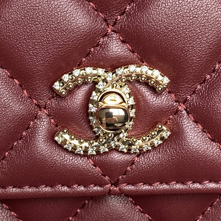 CHANEL 25S MINI FLAP BAG WITH TOP HANDLE 18 IN BURGUNDY LAMBSKIN GOLD HARDWARE