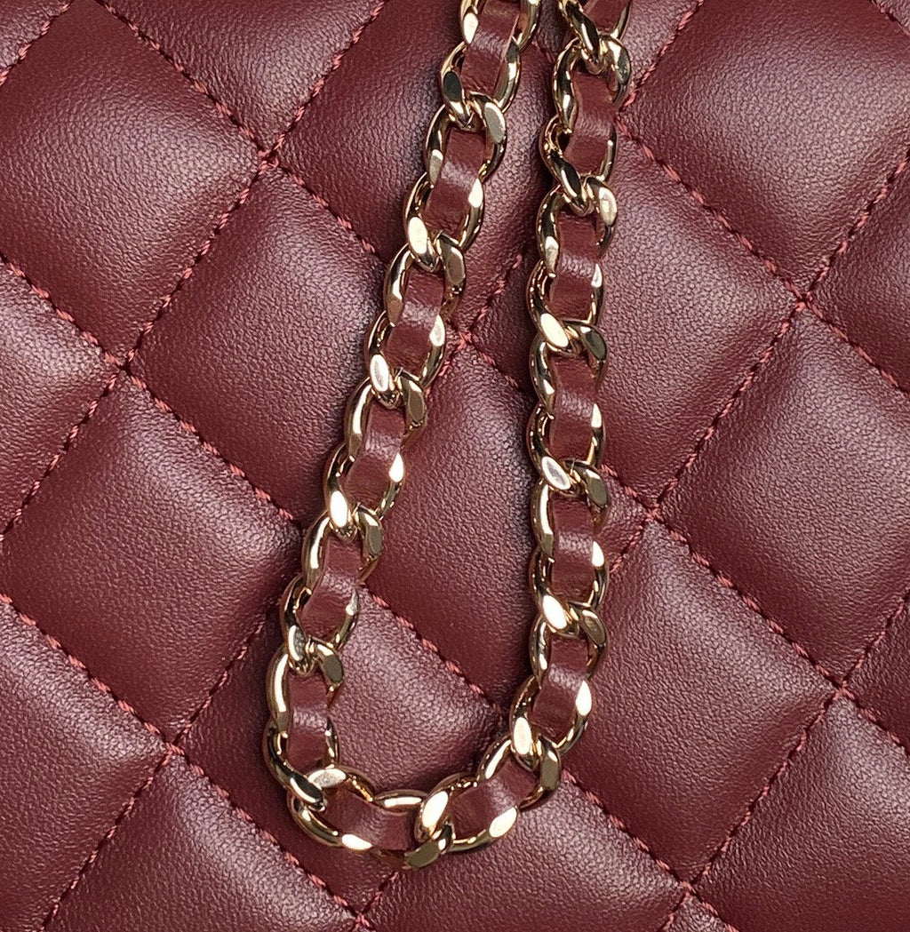 CHANEL 25S MINI FLAP BAG WITH TOP HANDLE 18 IN BURGUNDY LAMBSKIN GOLD HARDWARE