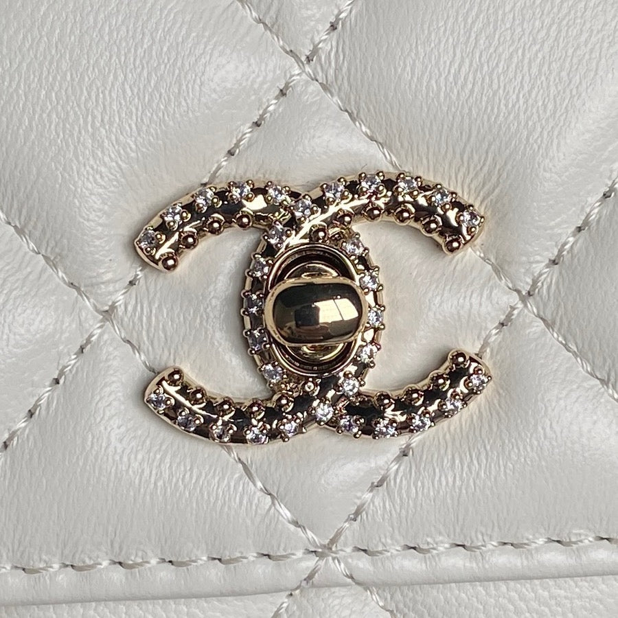 CHANEL 25S MINI FLAP BAG WITH TOP HANDLE 18 IN WHITE LAMBSKIN GOLD HARDWARE