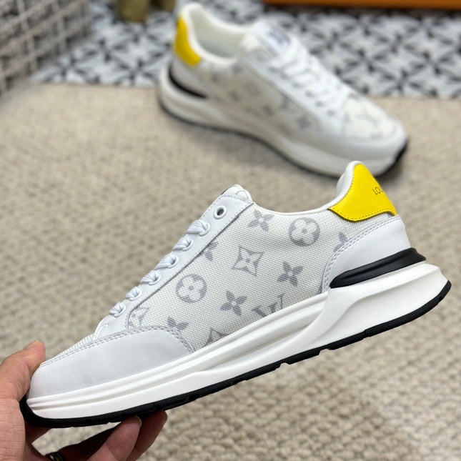 LV TRAINERS IN WHITE CALFSKIN AND JACQUARD