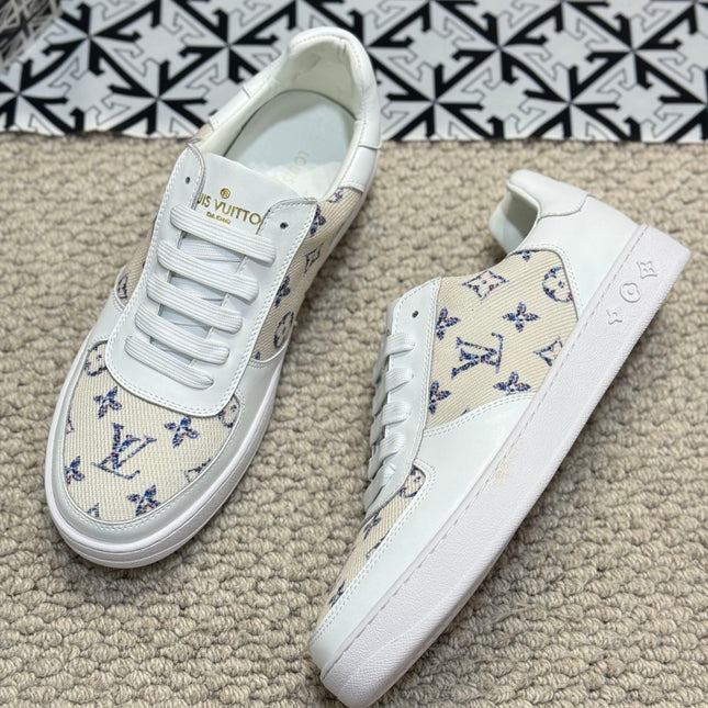 LV TRAINER SNEAKER WHITE CALFSKIN AND CAMEL BEIGE MONOGRAM CANVAS