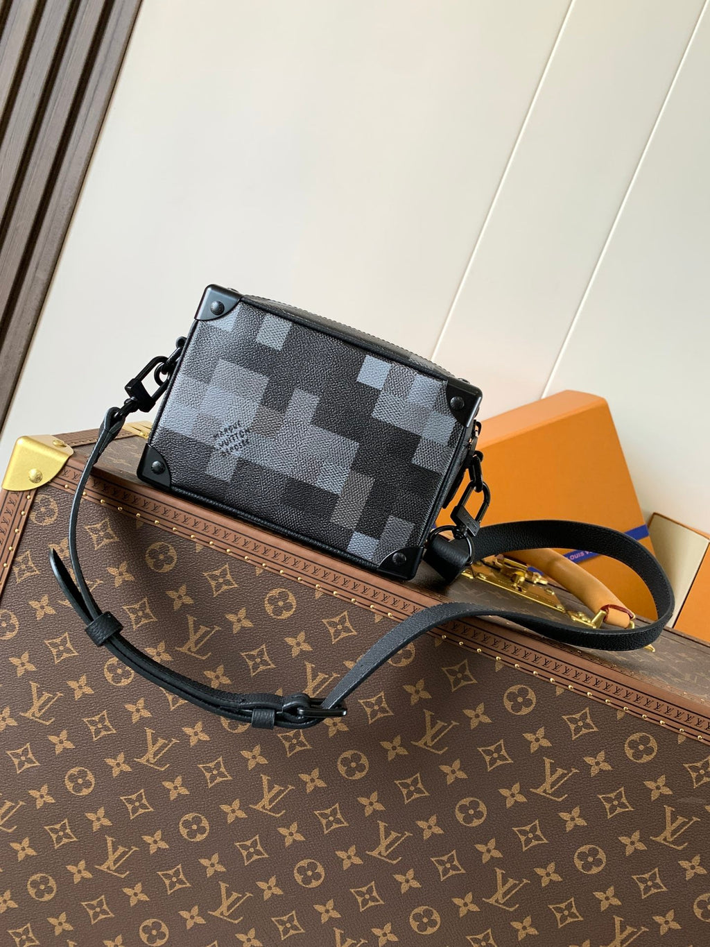 LV 25S MINI SOFT TRUNK BOX BAG 18 IN DAMOFLAGE BLACK CANVAS AND CALFSKIN