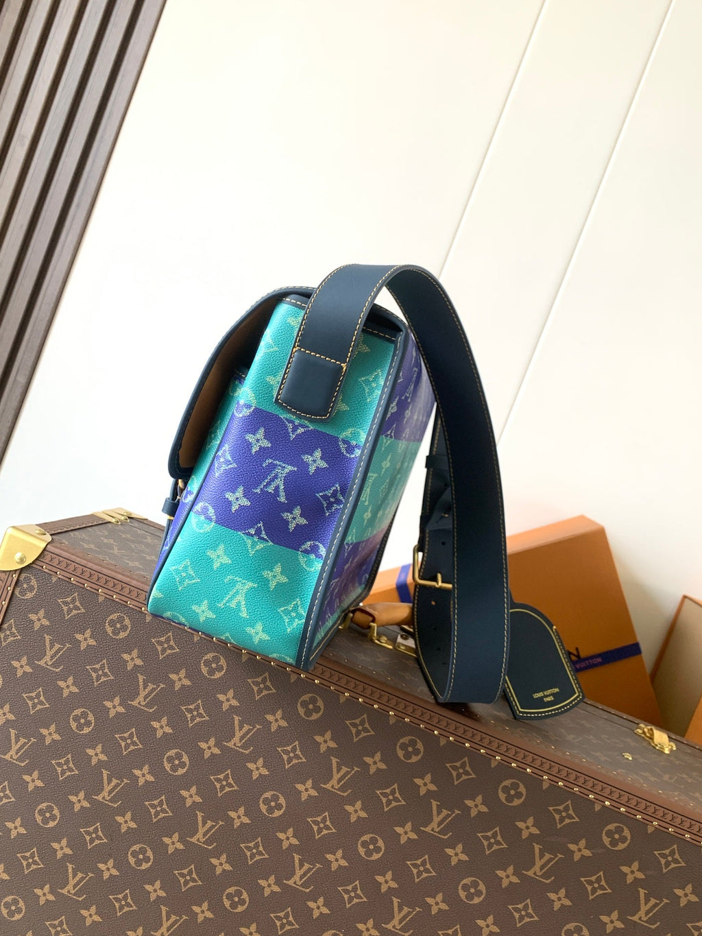 LV 26S CROSSBODY BAG 35 IN BLUE WITH LIGHT BLUE ACCENTS COATED CANVAS