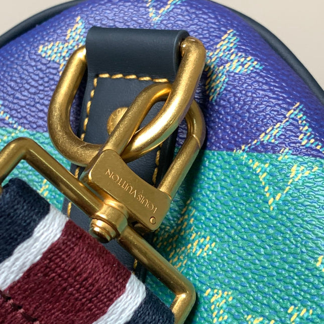 LV 26S KEEPALL 50 IN BLUE WITH LIGHT BLUE ACCENTS COATED CANVAS