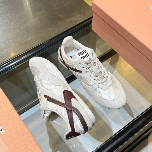 MIUMIU 26S SNEAKERS IN LIGHT BEIGE FABRIC AND SUEDE