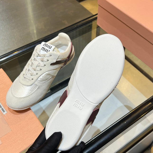MIUMIU 26S SNEAKERS IN LIGHT BEIGE FABRIC AND SUEDE