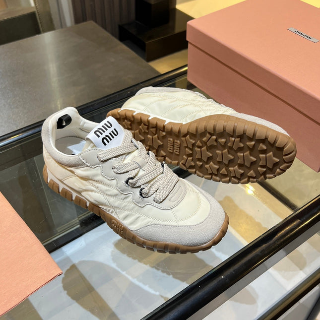 MIUMIU 26S SNEAKERS IN IVORY WHITE FABRIC AND SUEDE