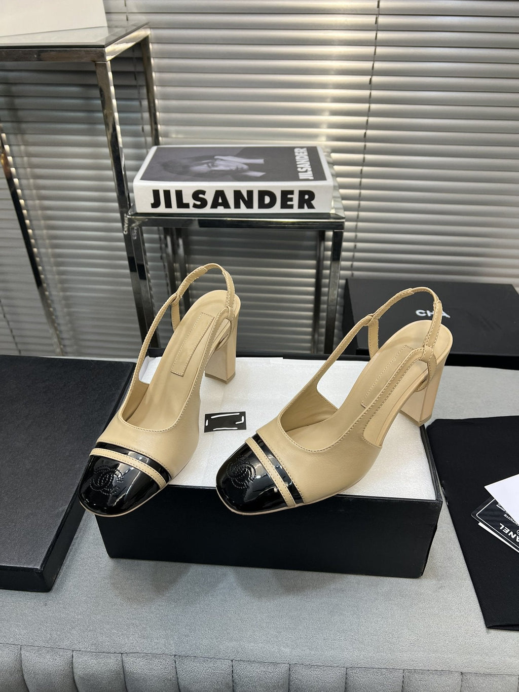 slingback light beige suede silver metalic lambskin square toe 9.5