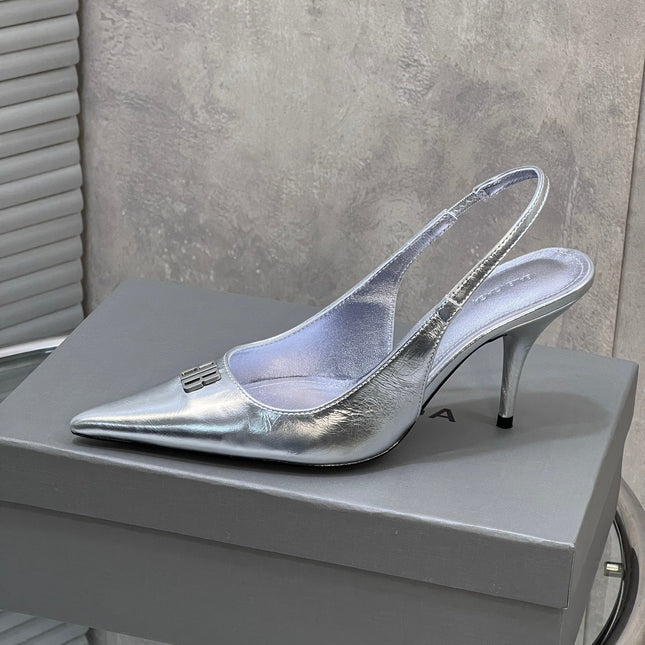 BALENCIAGA 25S HIGH-HEEL SLINGBACK 85 MM IN SILVER COW LEATHER