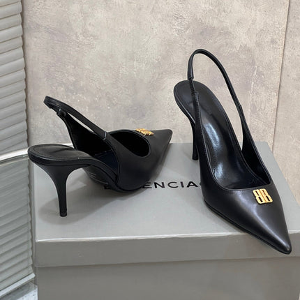 BALENCIAGA 25S HIGH-HEEL SLINGBACK 85 MM IN BLACK COW LEATHER WITH GOLD HARDWARE
