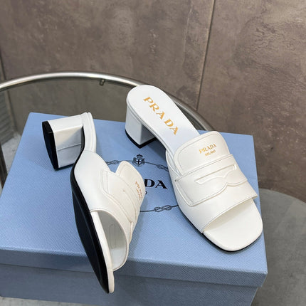 PRADA 26S BLOCK HEEL SLIDE SANDALS 60MM IN WHITE CALFSKIN WITH LOGO