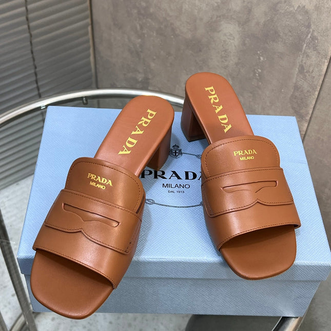 PRADA 26S BLOCK HEEL SLIDE SANDALS 60MM IN CARAMEL BROWN CALFSKIN WITH LOGO