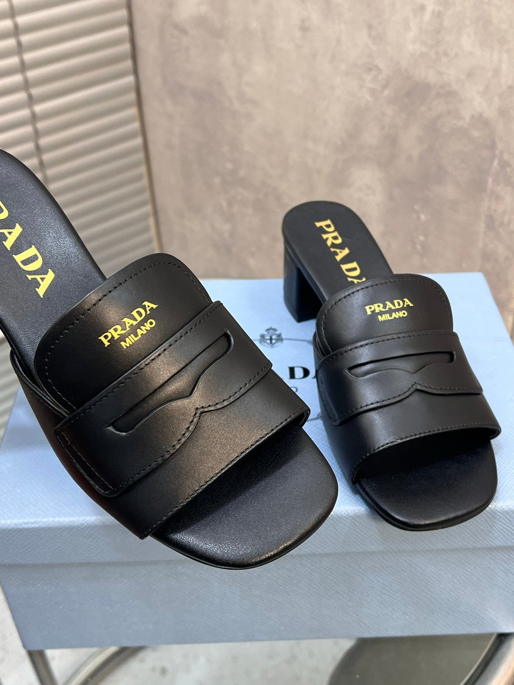 PRADA 26S BLOCK HEEL SLIDE SANDALS 60MM IN BLACK CALFSKIN WITH LOGO
