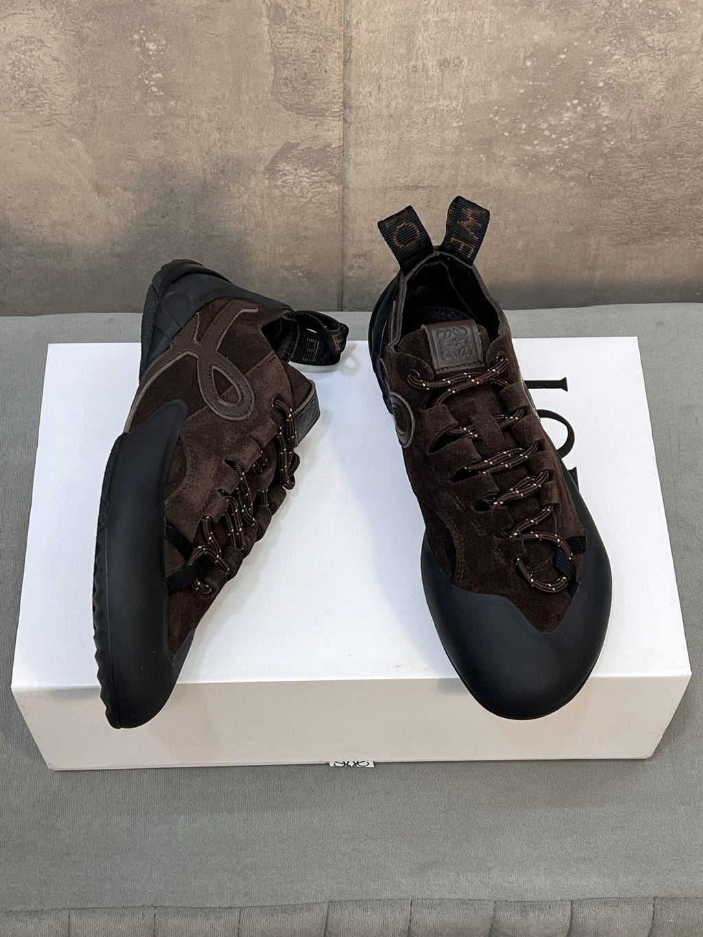 LOEWE 26S LACE UP SNEAKERS IN DARK BROWN SUEDE AND RUBBER SOLE