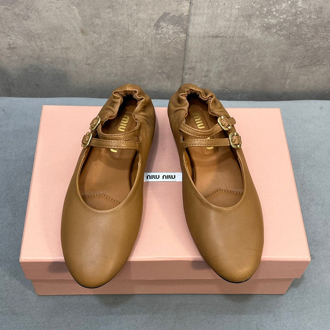 MIUMIU 26S DOUBLE STRAP MARY JANE FLATS IN CARAMEL BROWN SHEEPSKIN