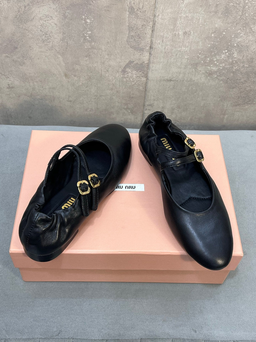 MIUMIU 26S DOUBLE STRAP MARY JANE FLATS IN BLACK SHEEPSKIN