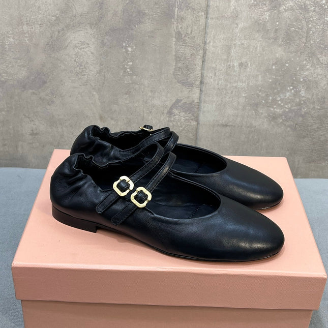 MIUMIU 26S DOUBLE STRAP MARY JANE FLATS IN BLACK SHEEPSKIN