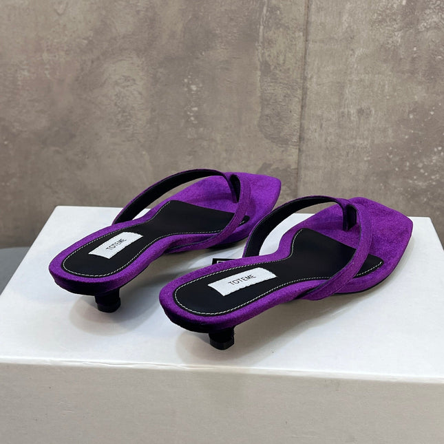 THE ROW 26S SQUARE TOE THONG KITTEN HEEL SANDALS 45MM IN PURPLE VELVET