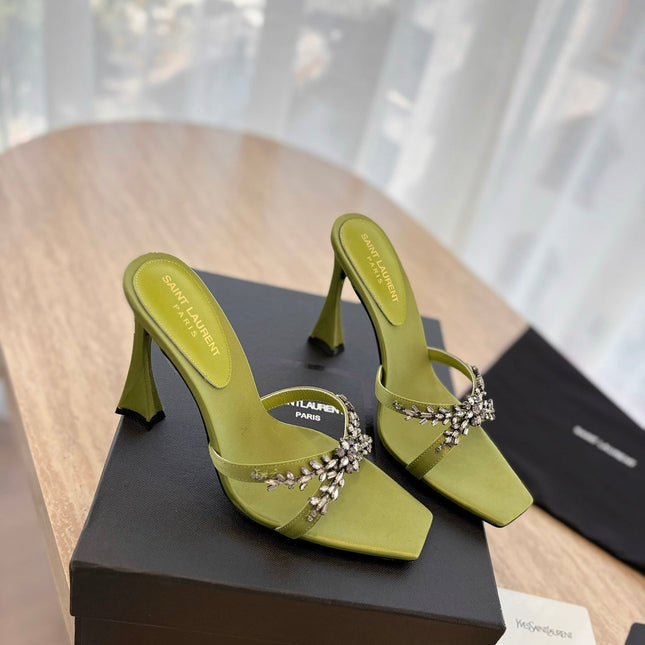 RAV HIGH HEEL 10 CM EMBELLISHED OLIVE GREEN SATIN MULES