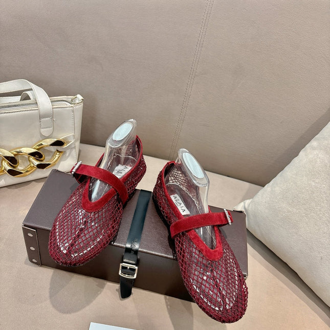 ALAIA 26S MESH FLATS IN DARK RED SUEDE
