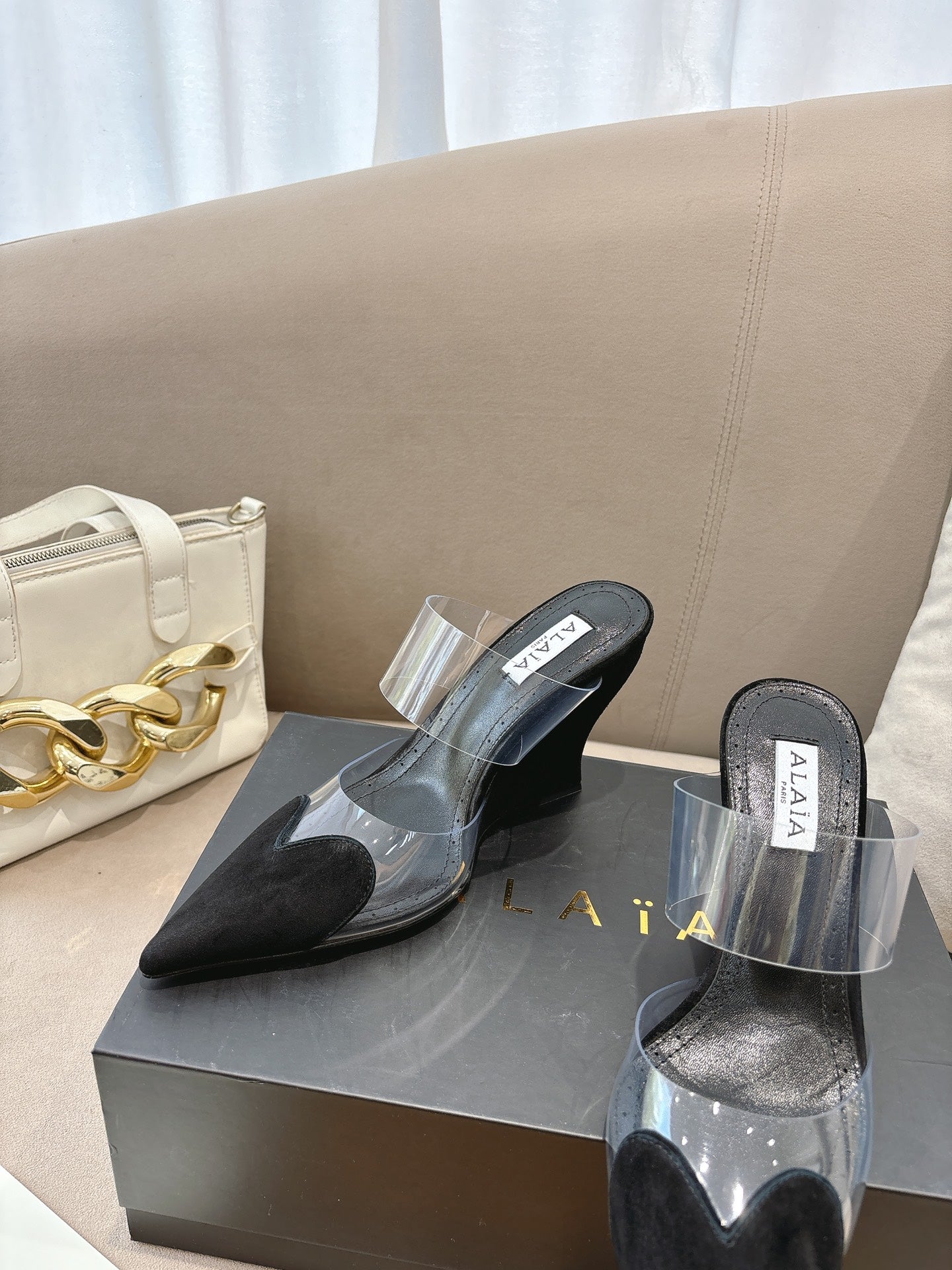 ALAIA 26S HIGH-HEEL WEDGE MULES 95 MM IN BLACK SUEDE