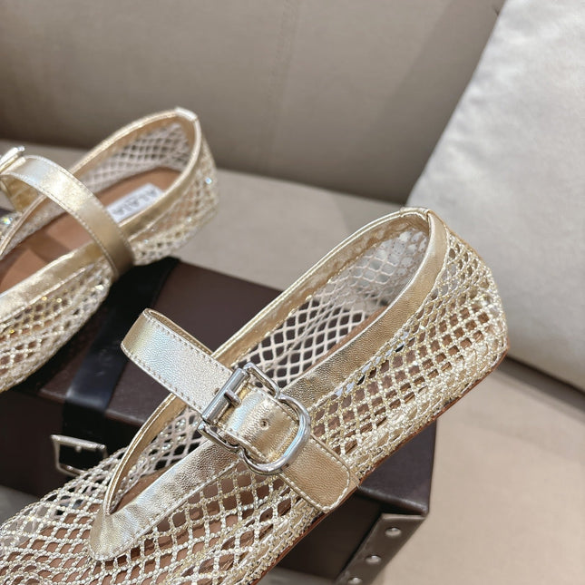 ALAIA 26S MESH FLATS IN LIGHT GOLD LAMBSKIN
