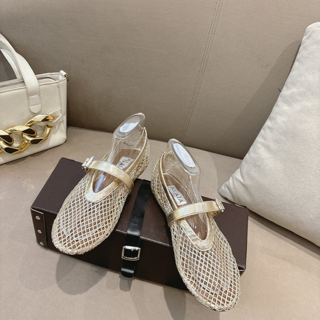 ALAIA 26S MESH FLATS IN LIGHT GOLD LAMBSKIN