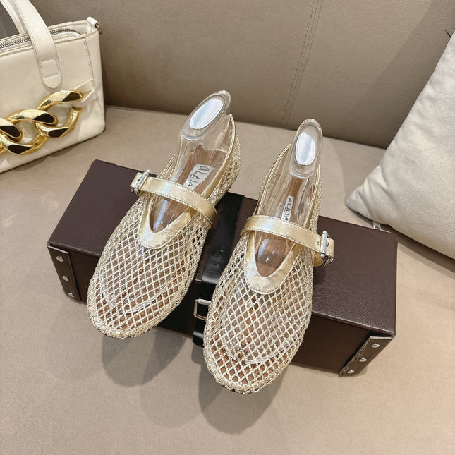 ALAIA 26S MESH FLATS IN LIGHT GOLD LAMBSKIN