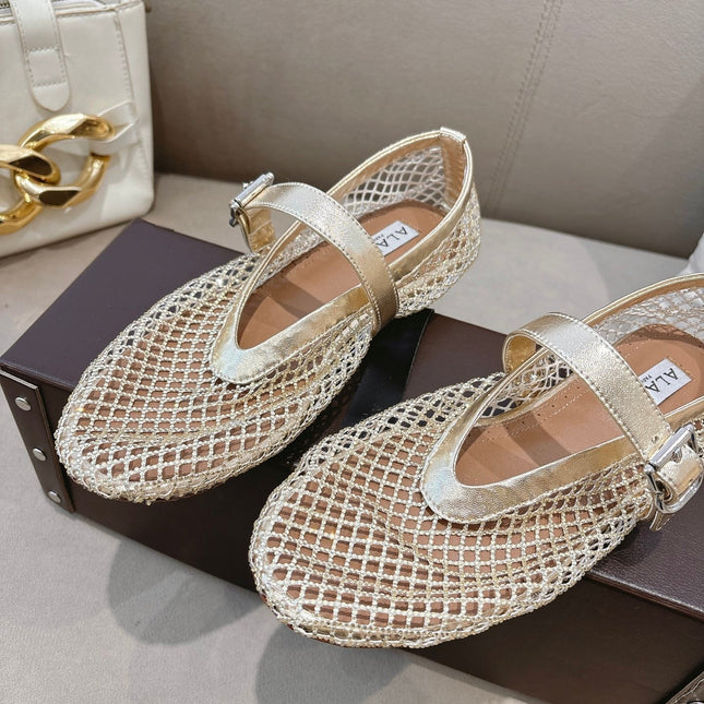 ALAIA 26S MESH FLATS IN LIGHT GOLD LAMBSKIN