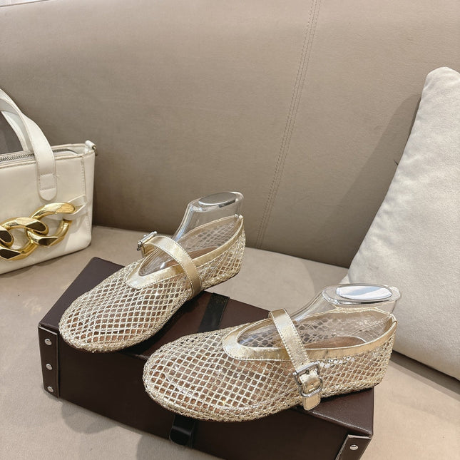 ALAIA 26S MESH FLATS IN LIGHT GOLD LAMBSKIN